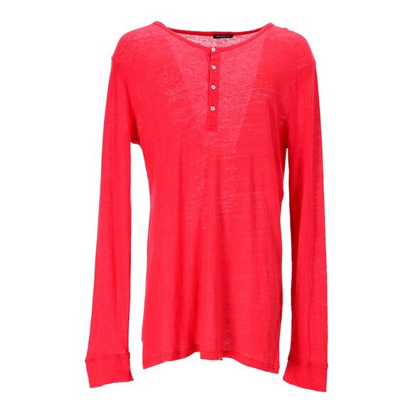 Balmain Half-Button Long Sleeve T-Shirt in Red Linen